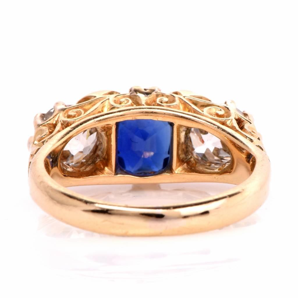 Classic English Sapphire Diamond Three-Stone Gold Engagement Ring 2