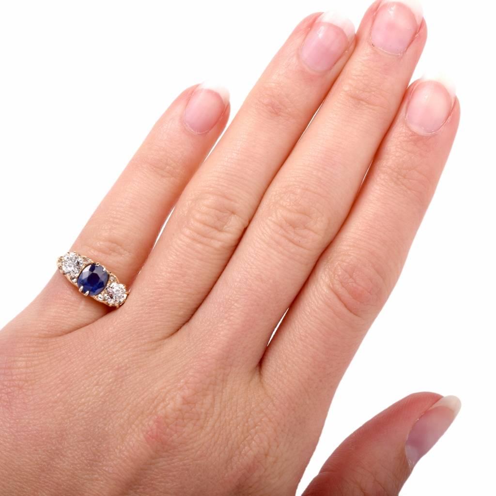 Classic English Sapphire Diamond Three-Stone Gold Engagement Ring 3