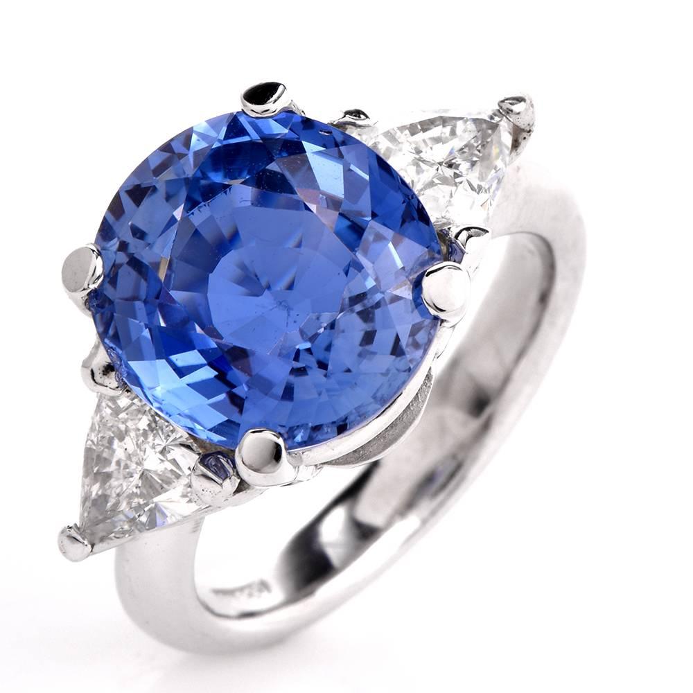 Ceylon GIA Certified Sapphire Diamond Platinum Three-Stone Ring 1