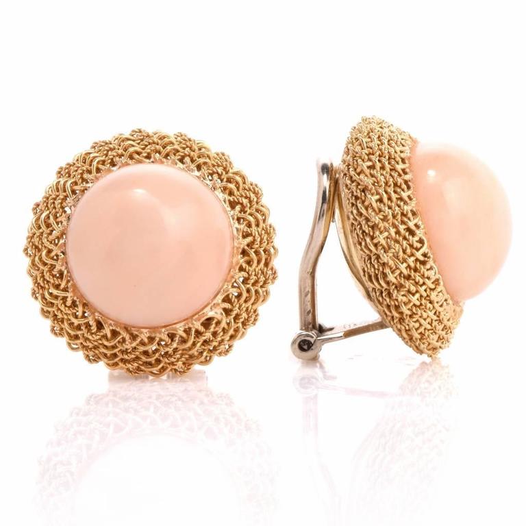 Retro Italian Angel Skin Coral Yellow Gold Stud Earrings For Sale at ...