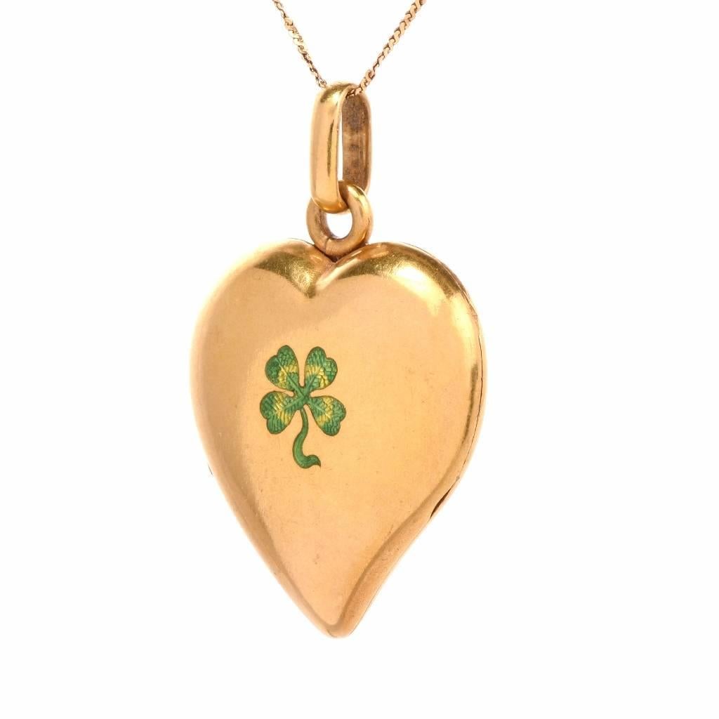 Art Nouveau 1910s Antique Irish Heart Locket with Enamel Gold Pendant