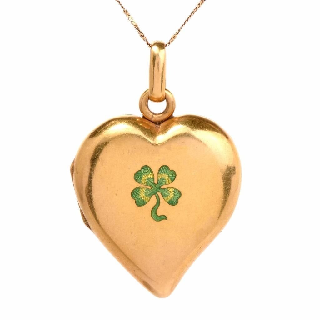 1910s Antique Irish Heart Locket with Enamel Gold Pendant