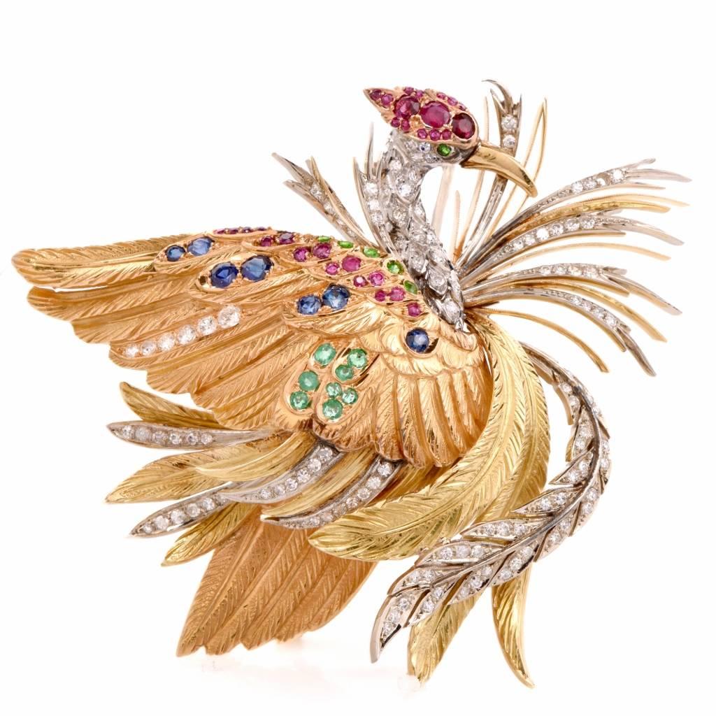 E. Serafin Retro Multi-Gem Tricolor Gold Bird Pin Brooch