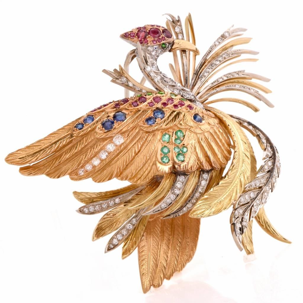 E. Serafin Retro Multi-Gem Tricolor Gold Bird Pin Brooch 1