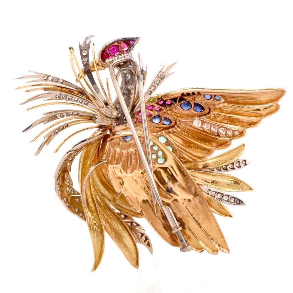 E. Serafin Retro Multi-Gem Tricolor Gold Bird Pin Brooch 2