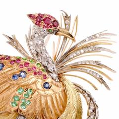 E. Serafin Retro Multi-Gem Tricolor Gold Bird Pin Brooch
