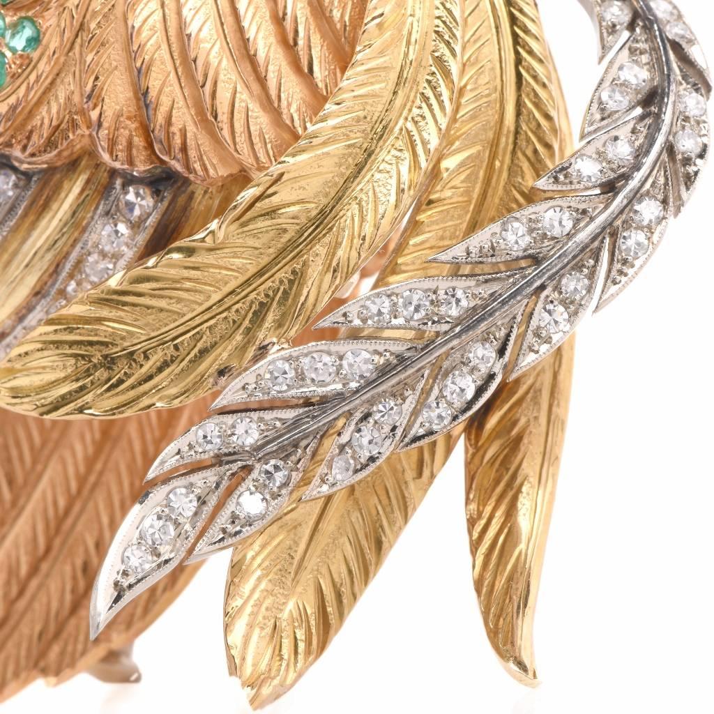 Women's E. Serafin Retro Multi-Gem Tricolor Gold Bird Pin Brooch