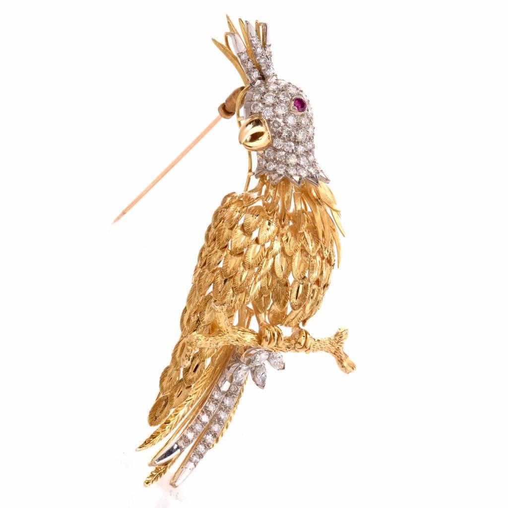Women's 1960s Diamond Gold Parrot Bird Brooch Pin by Jack Gutschneider