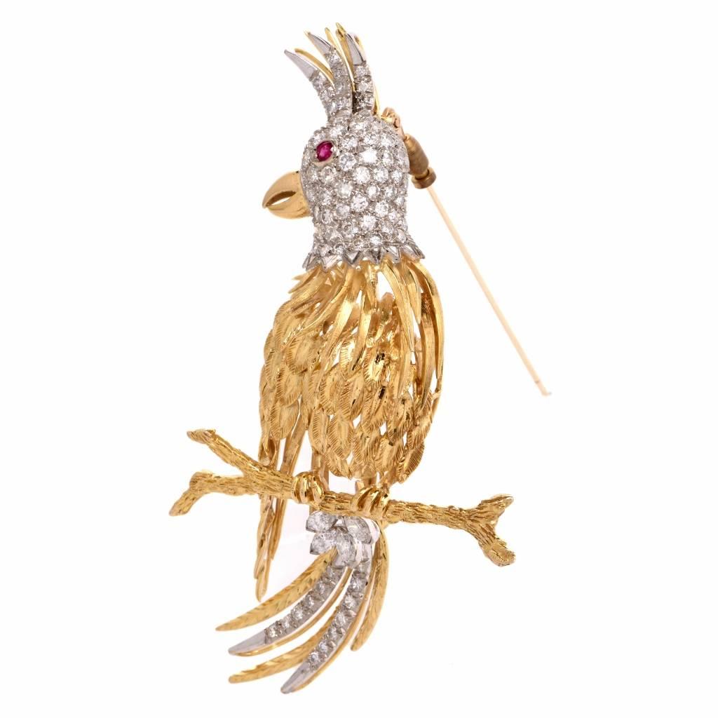 1960s Diamond Gold Parrot Bird Brooch Pin by Jack Gutschneider 3
