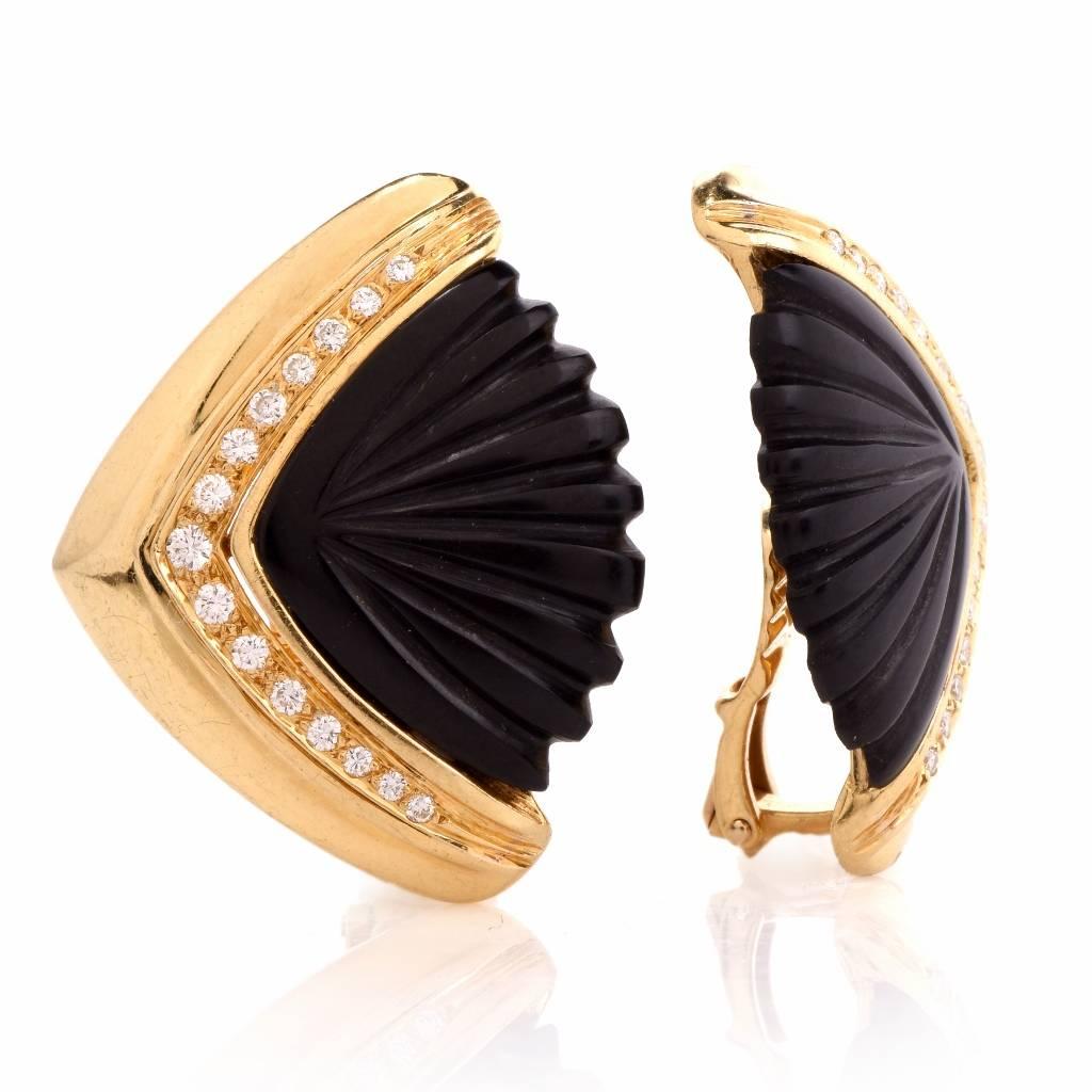 Women's 1960s Diamond Carved Onyx Gold Clip-On Earrings