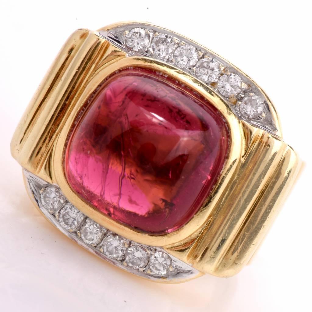 8.99 Carat Tourmaline Cabochon Diamond Yellow Gold Cocktail Ring In Excellent Condition In Miami, FL
