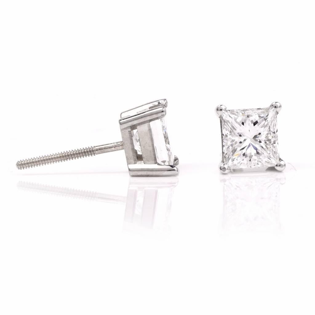 Women's Certified GIA 2.01 Carat Princess-Cut Diamond Platinum White Gold Stud Earrings