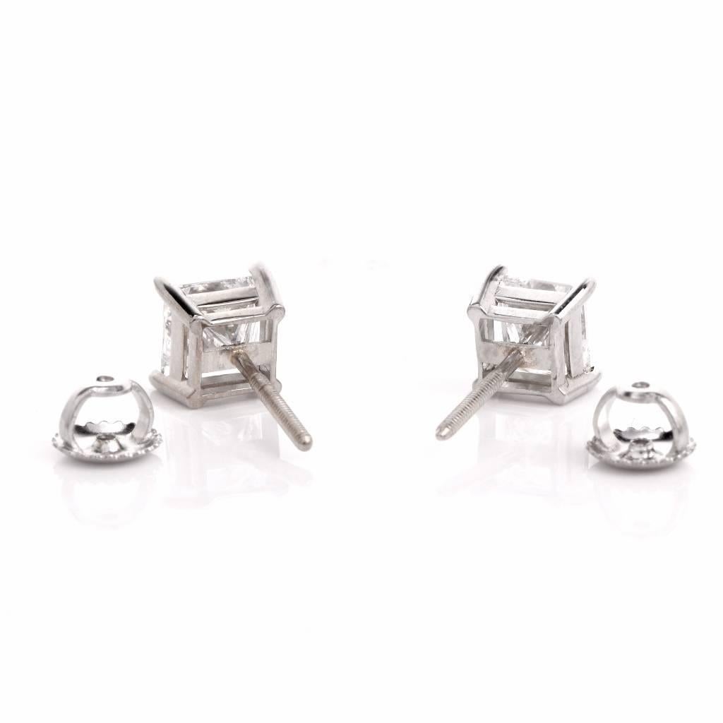 Certified GIA 2.01 Carat Princess-Cut Diamond Platinum White Gold Stud Earrings 1