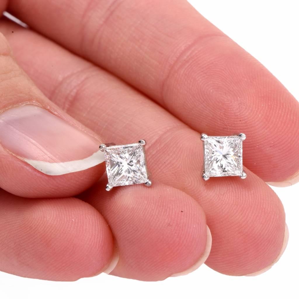 GIA Certified 2.01ct Princess-Cut Diamond 18k Gold Stud Earrings
Item # 107822 - 107823
These exquisite diamond stud earrings are crafted in solid 18k white gold. Set with two stunning princess-cut diamonds, both diamonds are having same weight,