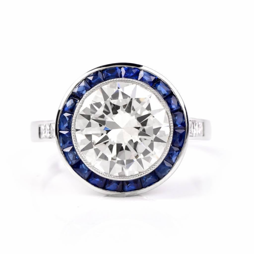 3.67 Carat Diamond Sapphire Platinum Engagement Ring 3