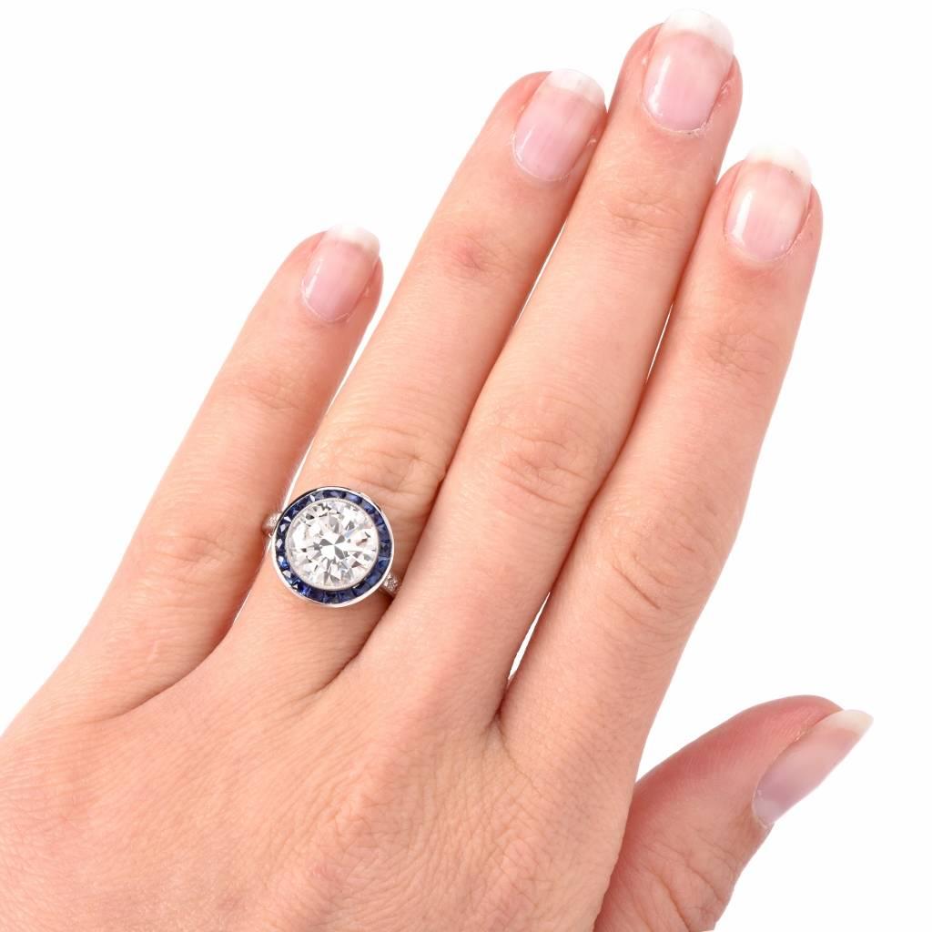 Art Deco 3.67 Carat Diamond Sapphire Platinum Engagement Ring