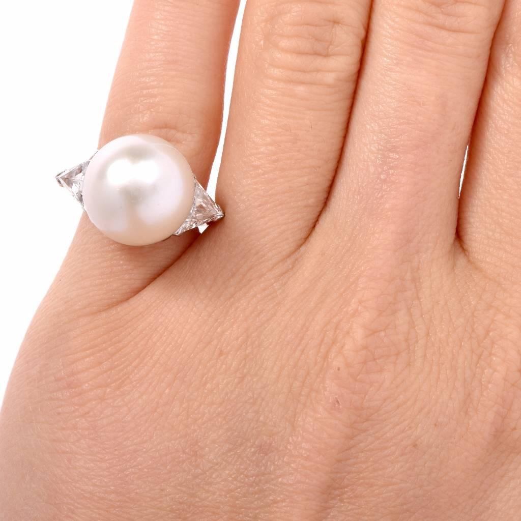 1980s South Sea Pearl Trillion Diamond Platinum Cocktail Ring 1