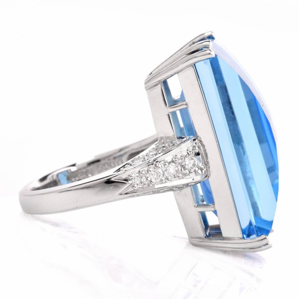 20th Century Swiss Blue Topaz Diamond Platinum Cocktail Ring In Excellent Condition In Miami, FL