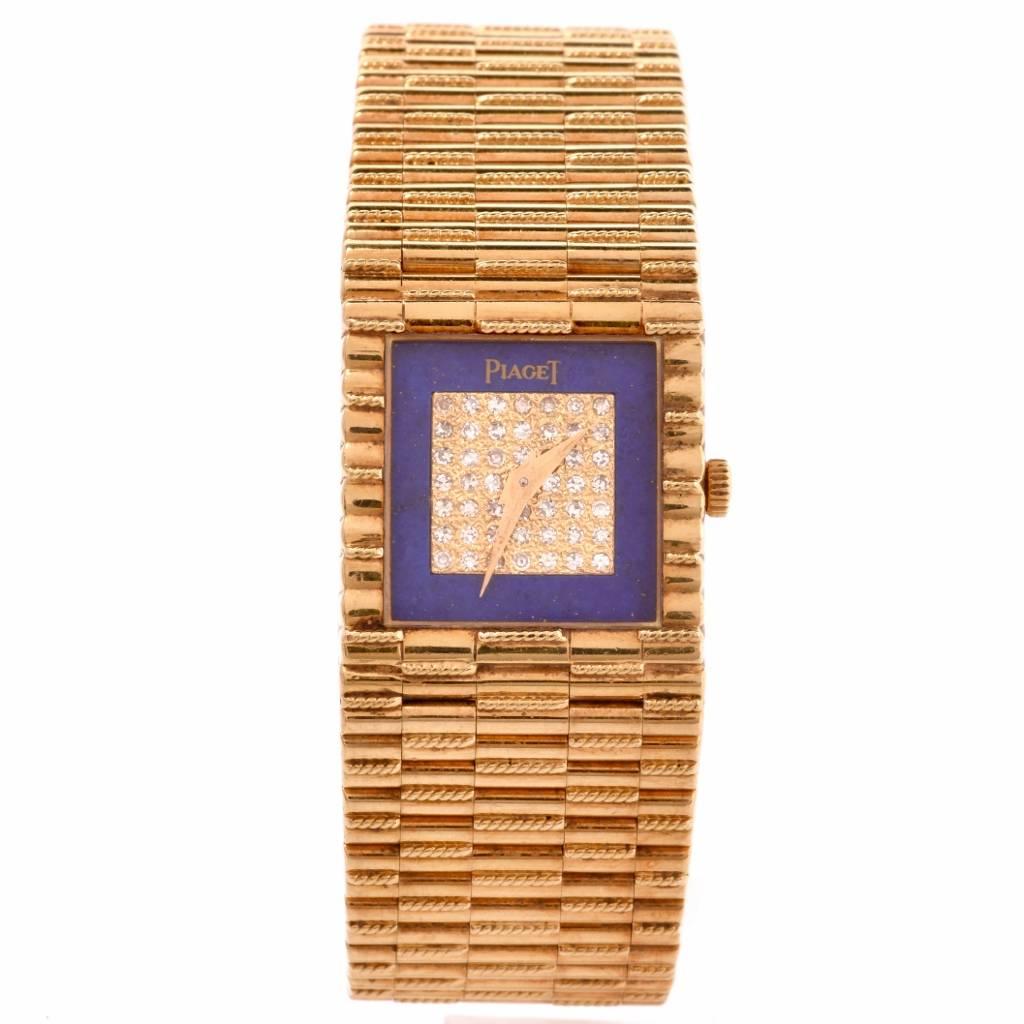 This vintage Piaget watch is crafted in solid 18K yellow gold, featuring a square bezel with pave diamonds and a lapis lazuli frame with origami diamonds on the dial, all original with piaget quartz movement. The tapering bracelet is designed with
