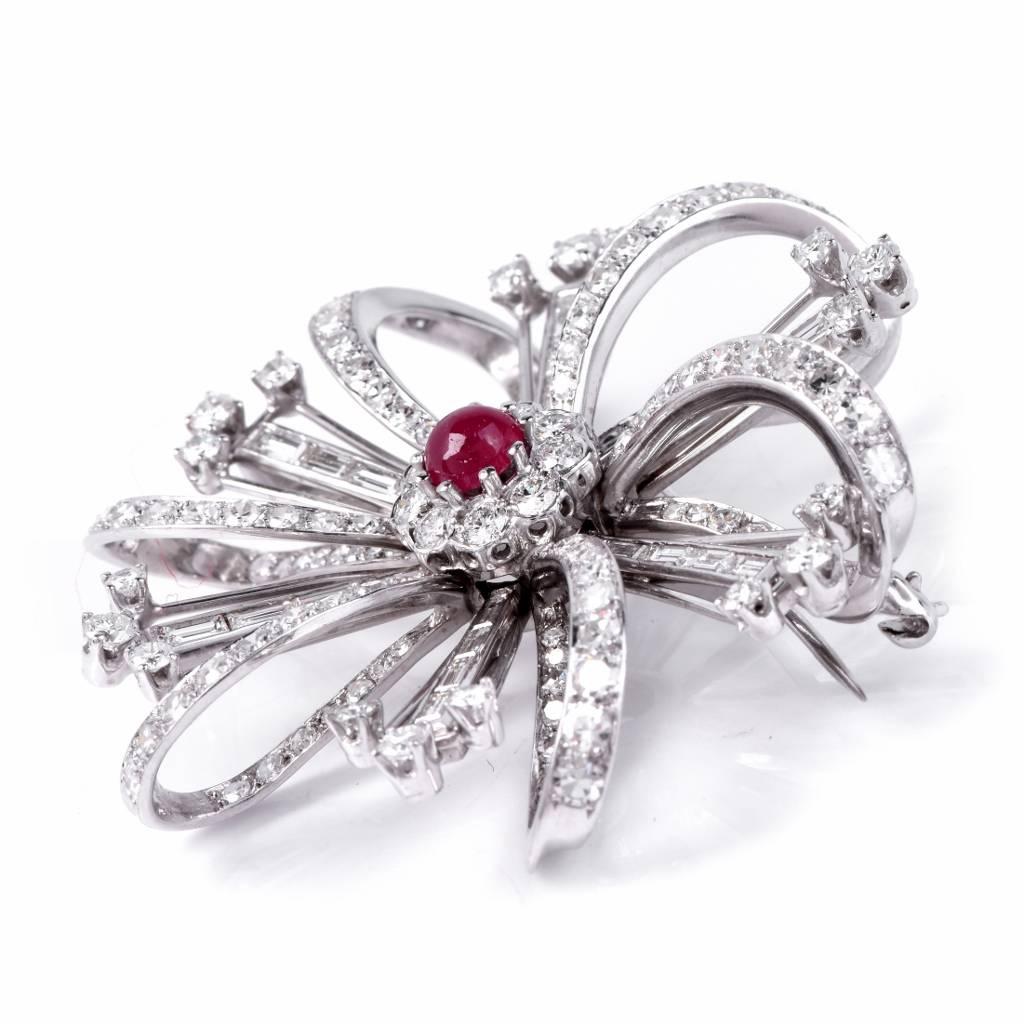 Women's Ruby Diamond Platinum Flower Brooch Pin