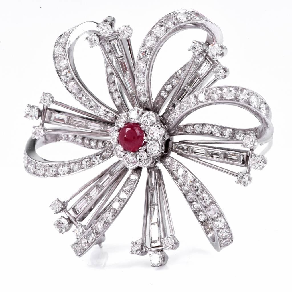 Ruby Diamond Platinum Flower Brooch Pin 2