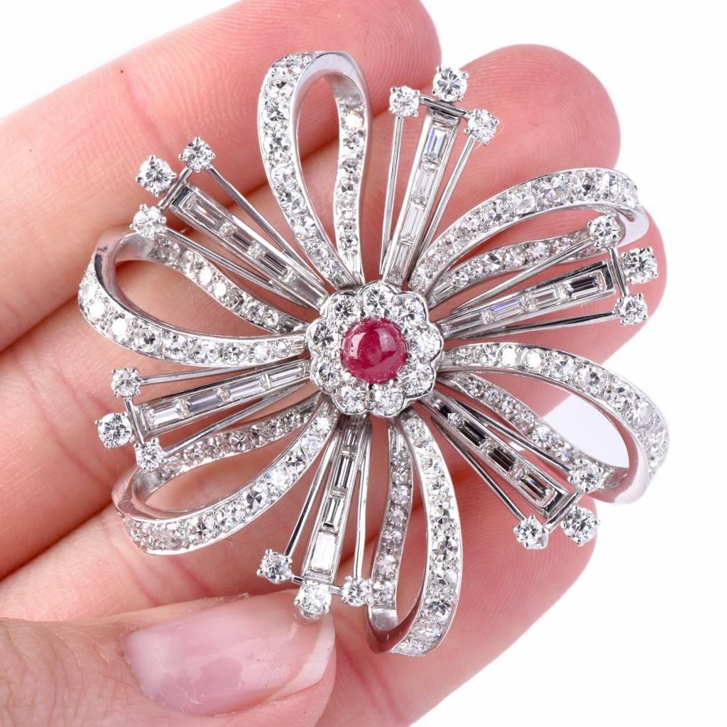 Ruby Diamond Platinum Flower Brooch Pin In Excellent Condition In Miami, FL