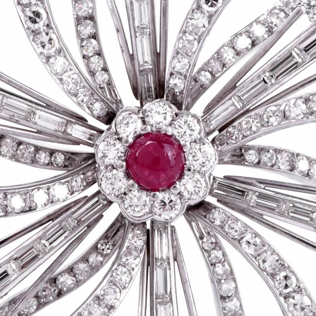 This Stunning  vintage Solid Platinum brooch pin features flower design motif centered with 1 genuine round cabochon Ruby approx. 0.70 prong set. It is further adorned with 129 genuine round brilliant cut Diamonds approx. 3.57 carats, G-H color,