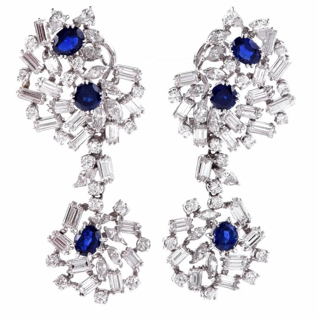 Large Sapphire Diamond White Gold Chandelier Earrings