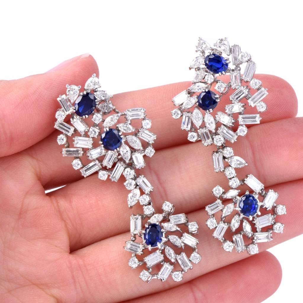 Large Sapphire Diamond White Gold Chandelier Earrings 1