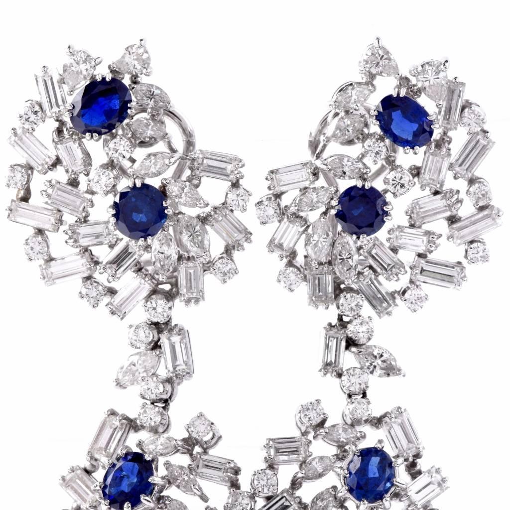 Women's Large Sapphire Diamond White Gold Chandelier Earrings