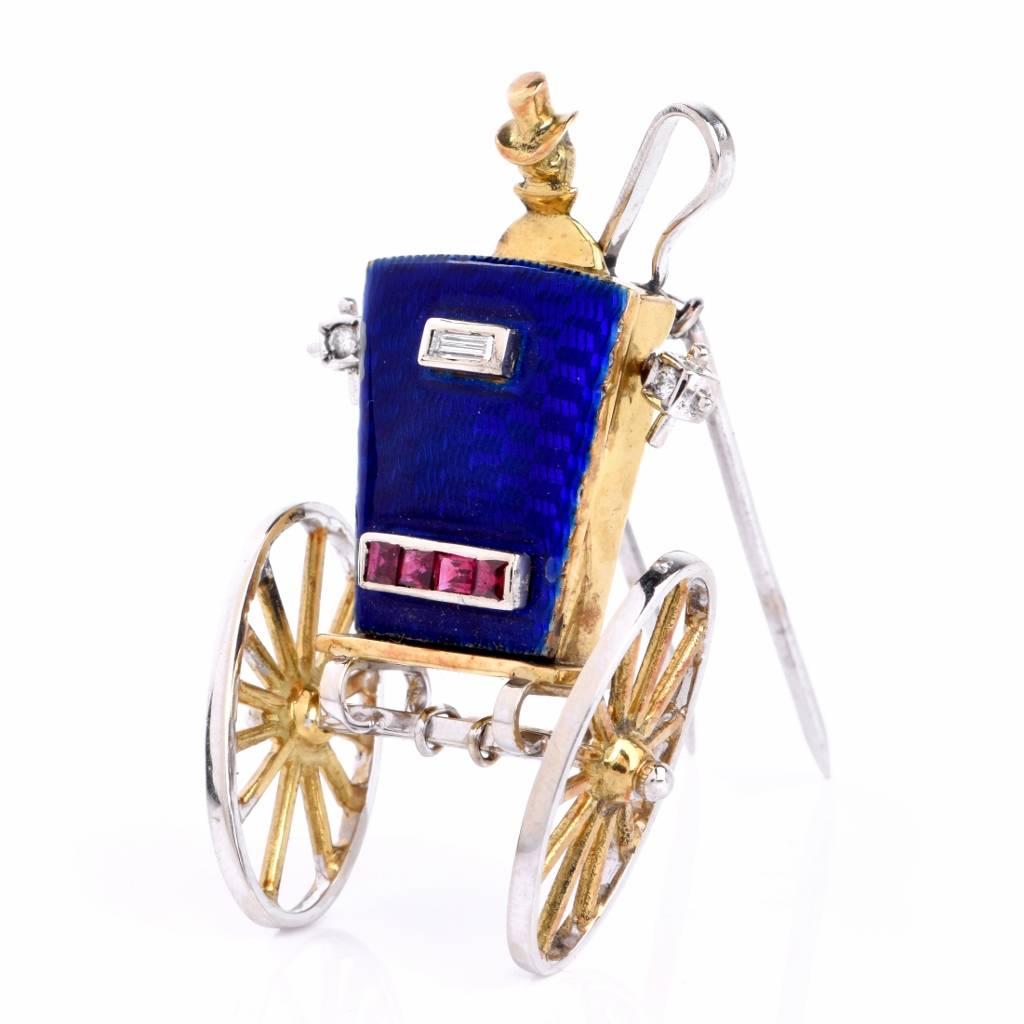 This antique carriage is inspired by 19th century ‘Hansom cab’ named after the British architect who patented the design for the two-wheel carriage in 1834, giving it the nickname ‘ a cab for hire’! This alluring lapel brooch and pendant is hand