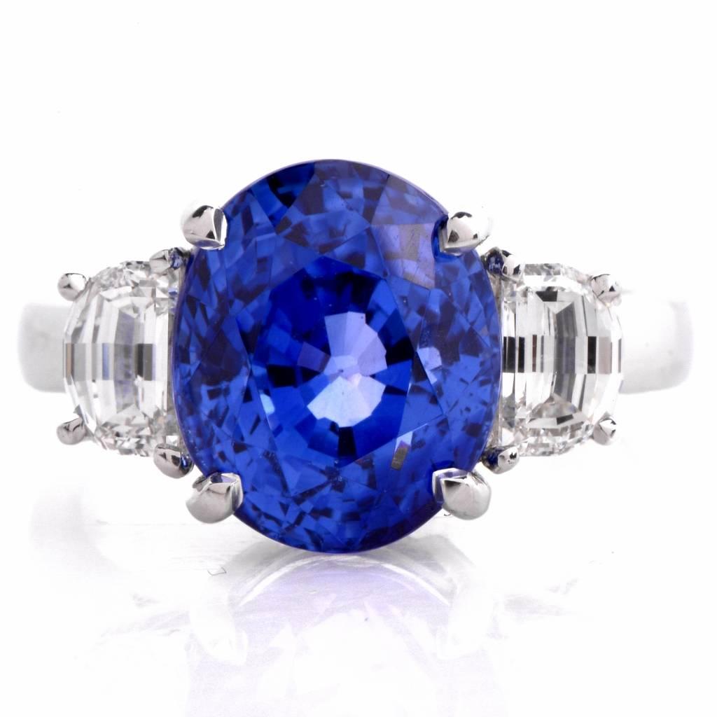 Women's Sapphire GIA Certified Diamond Platinum Three-Stone Ring