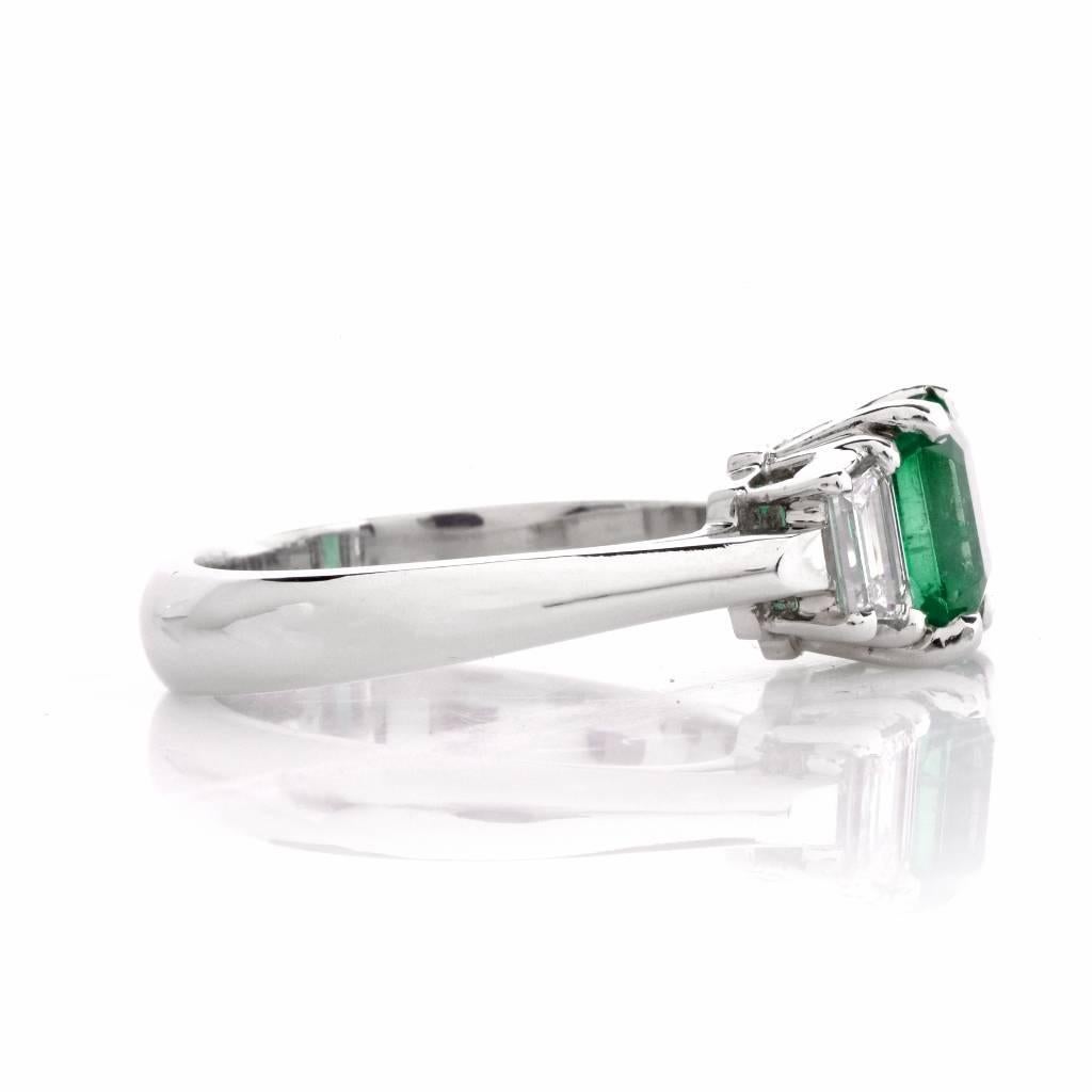 Certified Asscher-Cut GIA Emerald Diamond Platinum Three-Stone Ring 1
