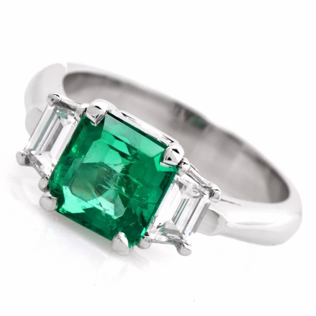 Certified Asscher-Cut GIA Emerald Diamond Platinum Three-Stone Ring at ...