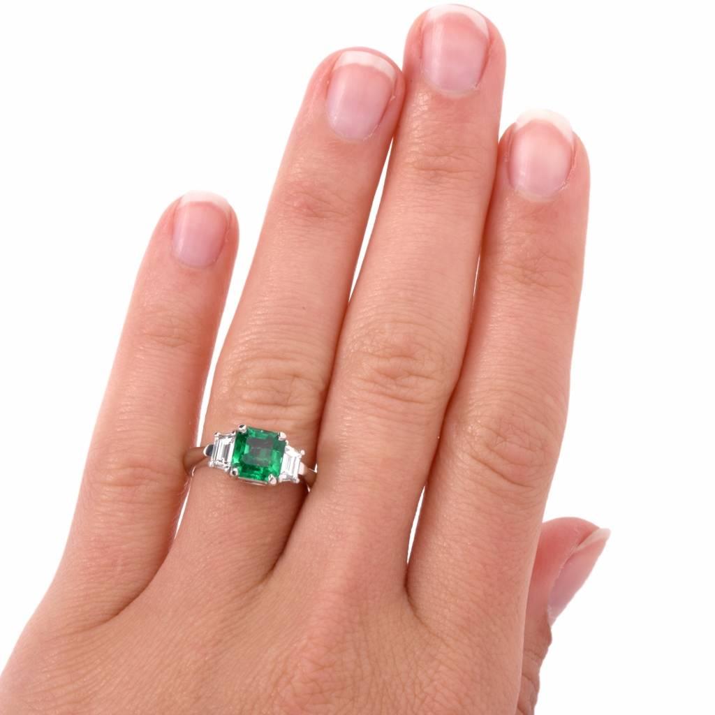 Certified Asscher-Cut GIA Emerald Diamond Platinum Three-Stone Ring In Excellent Condition In Miami, FL