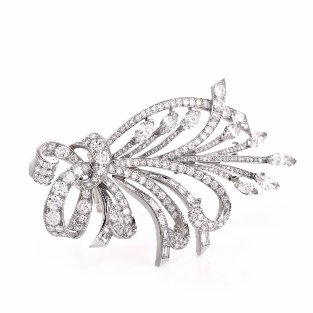 Women's 19606's  Large Diamond Platinum Floral Bouquet Lapel Brooch For Sale