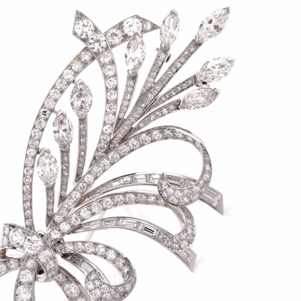 19606's  Large Diamond Platinum Floral Bouquet Lapel Brooch For Sale 1