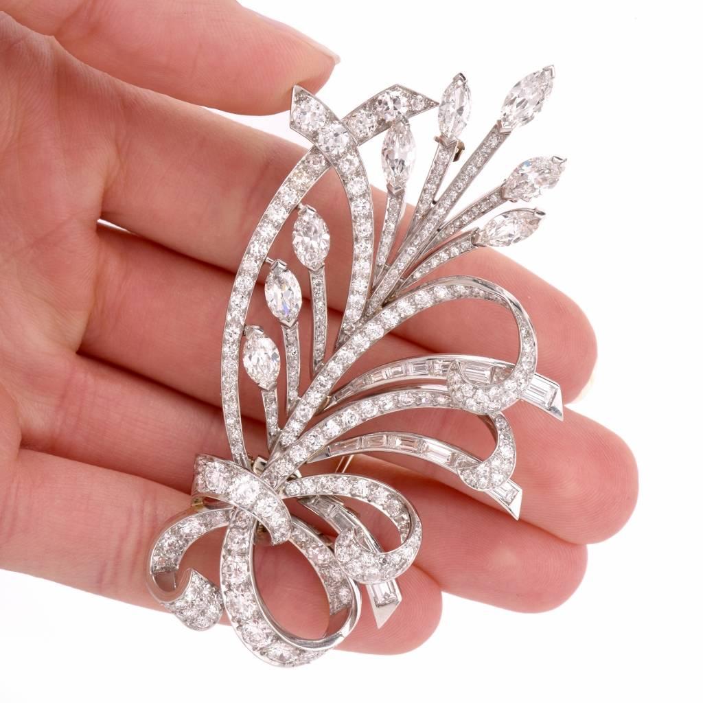 Marquise Cut 19606's  Large Diamond Platinum Floral Bouquet Lapel Brooch For Sale