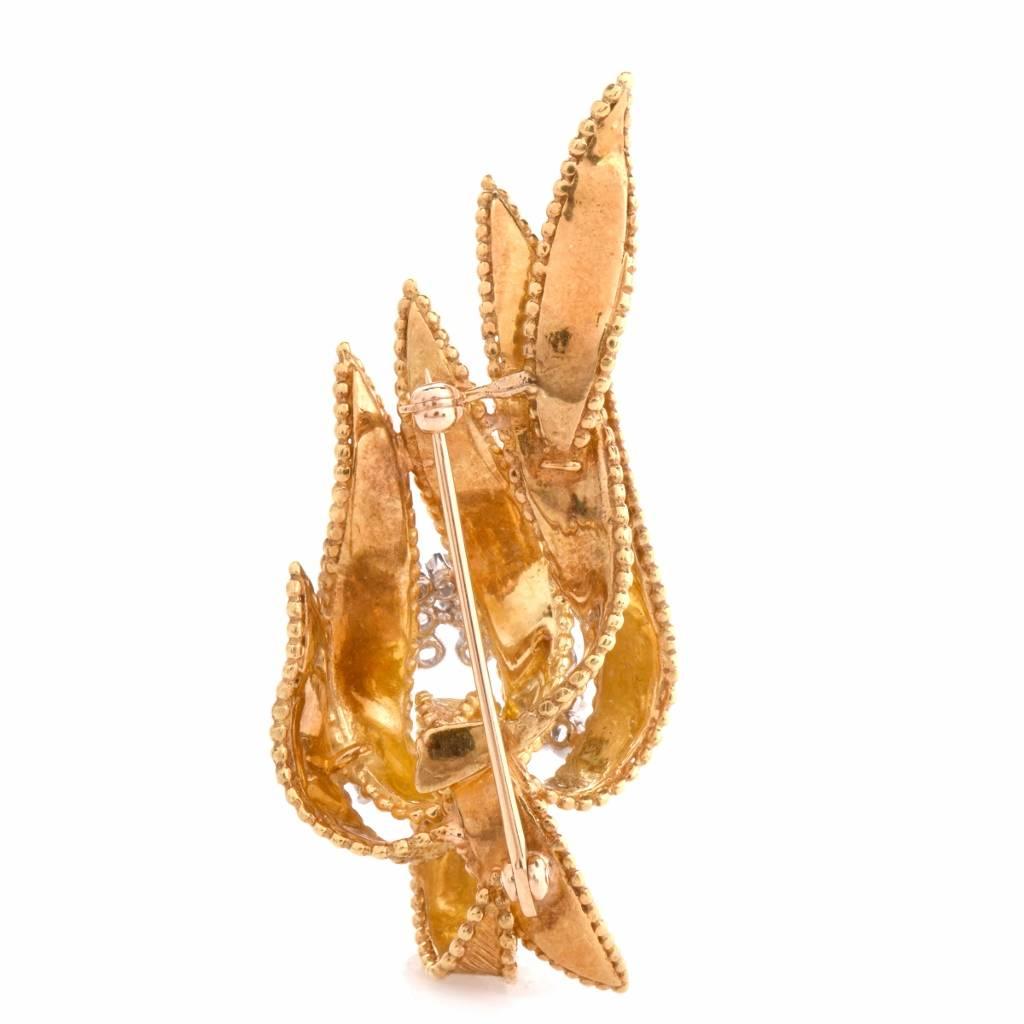1970s Diamond Yellow Gold Leaf Cluster Pin Brooch 1