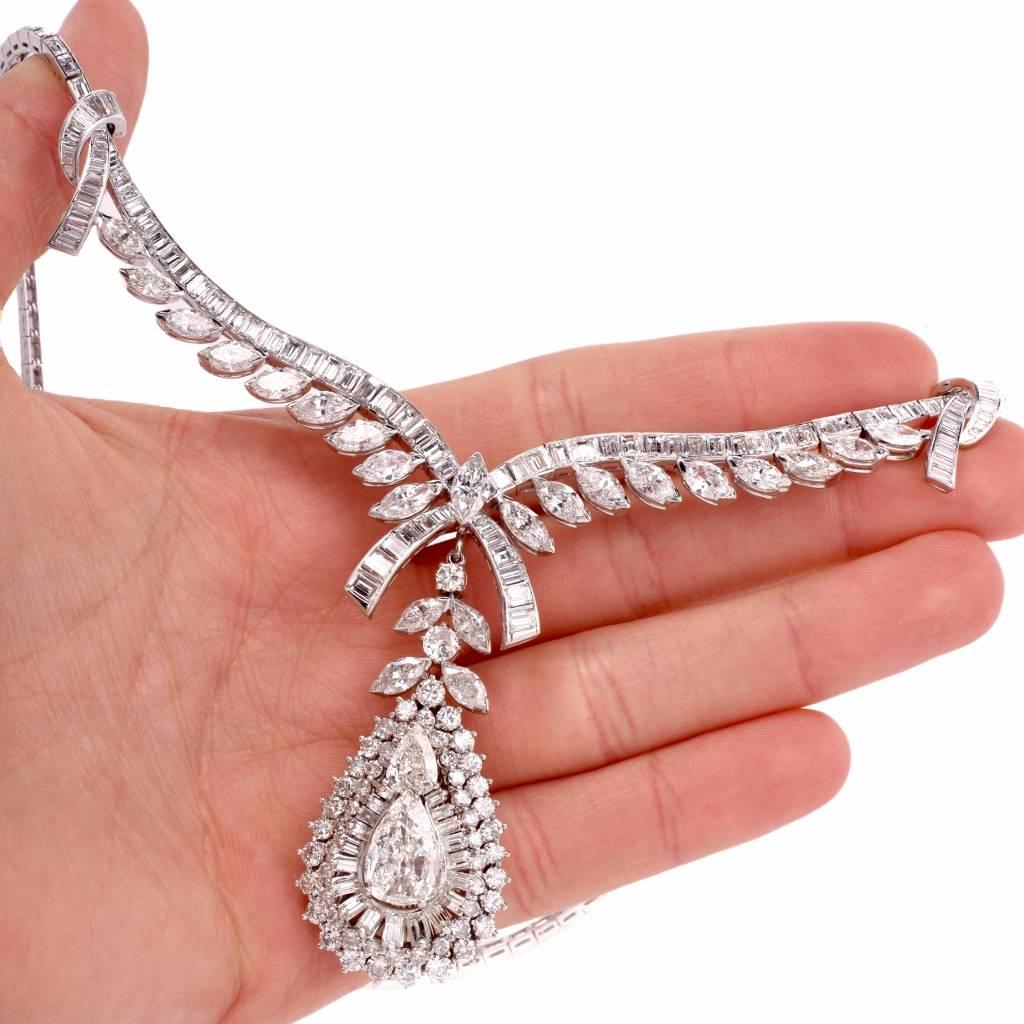 Women's Celebrity 33.01 Carat Baguette Pear Diamond Platinum Drop Necklace For Sale