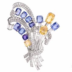 Natural Blue and Yellow Sapphire Platinum Floral Bouquet Lapel Brooch 12