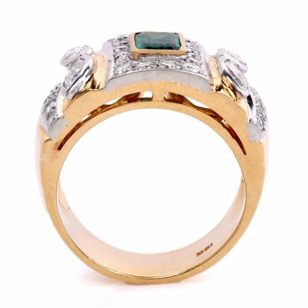 1980s Colombian Emerald Diamond Yellow Gold Ring 2