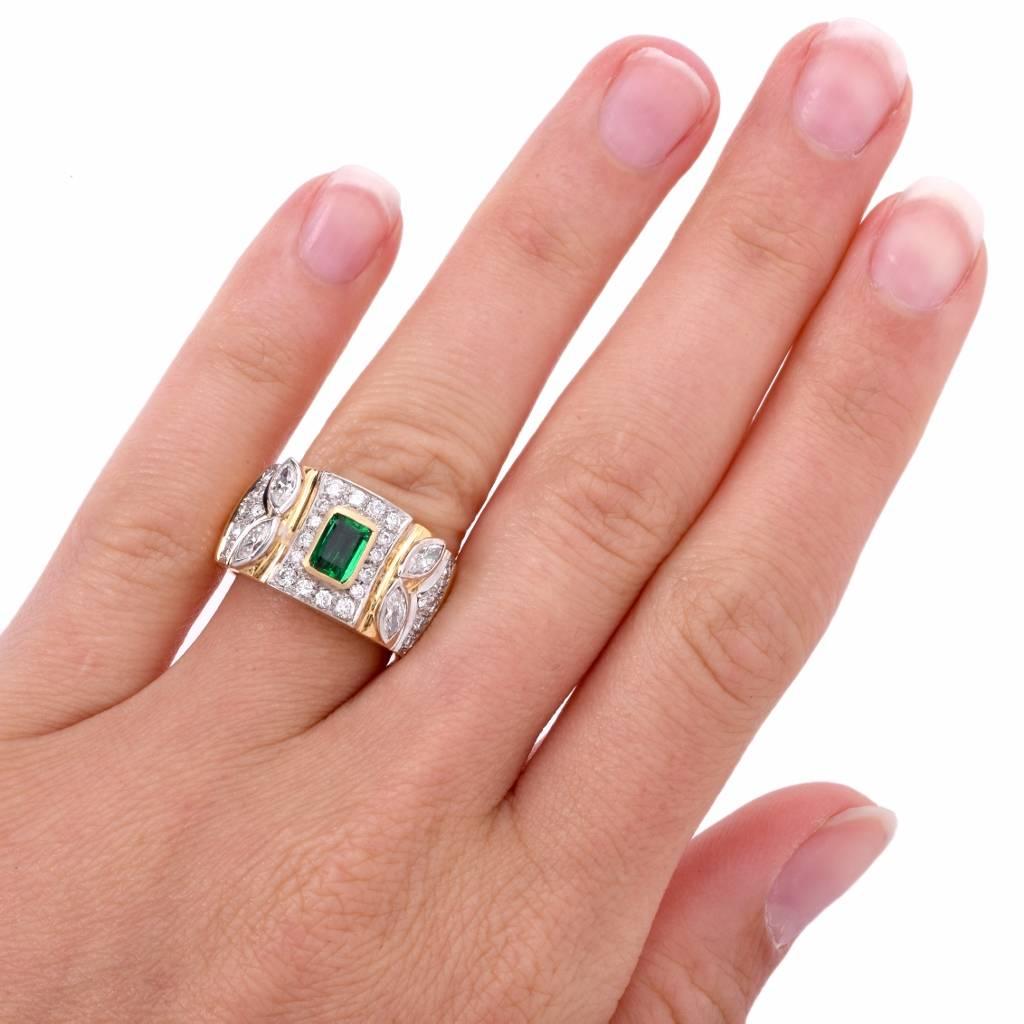 1980s Colombian Emerald Diamond Yellow Gold Ring 1