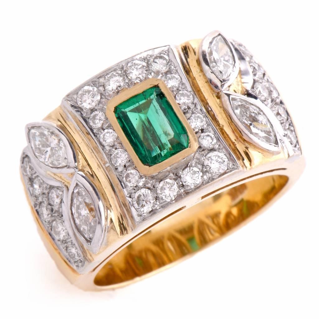 1980s Colombian Emerald Diamond Yellow Gold Ring 4