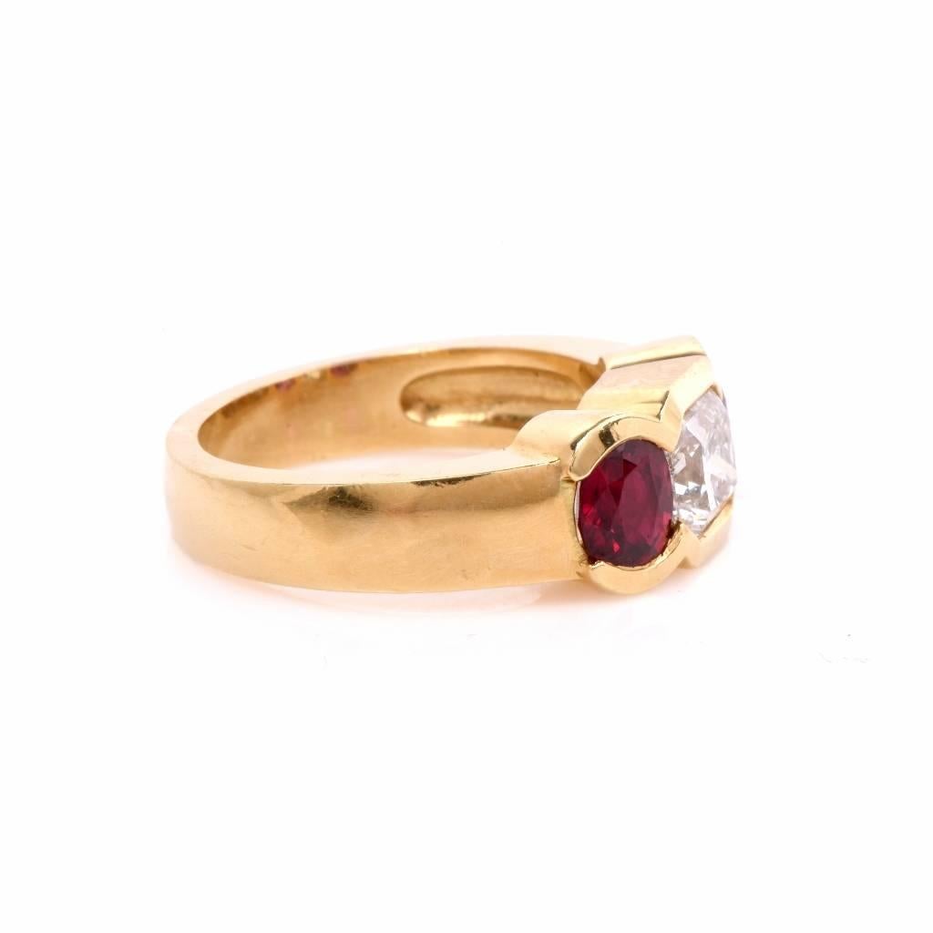 1980s Ruby Diamond Gold Three-Stone Ring 2