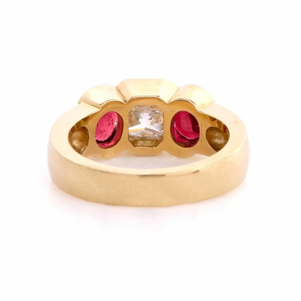 1980s Ruby Diamond Gold Three-Stone Ring 3