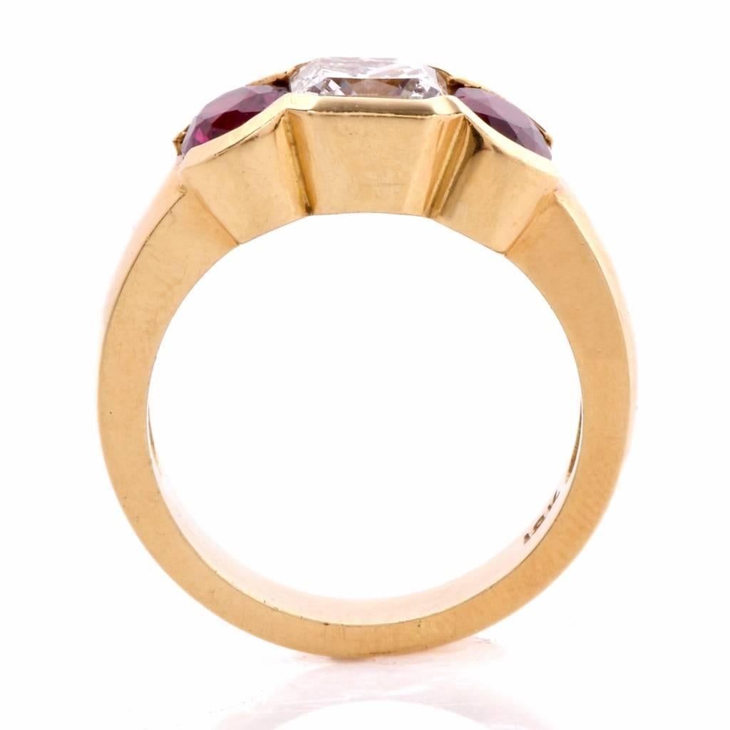 1980s Ruby Diamond Gold Three-Stone Ring 4