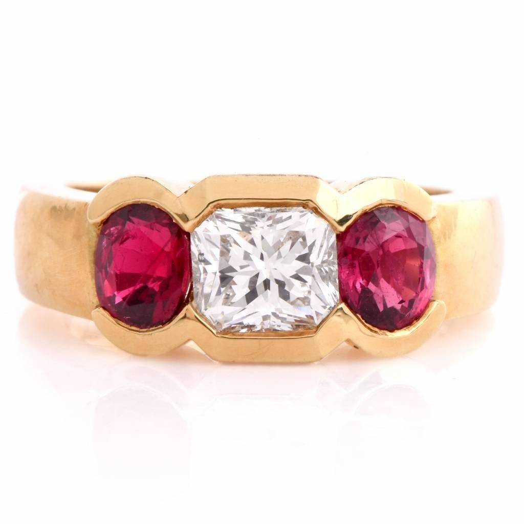 1980s Ruby Diamond Gold Three-Stone Ring In Excellent Condition In Miami, FL