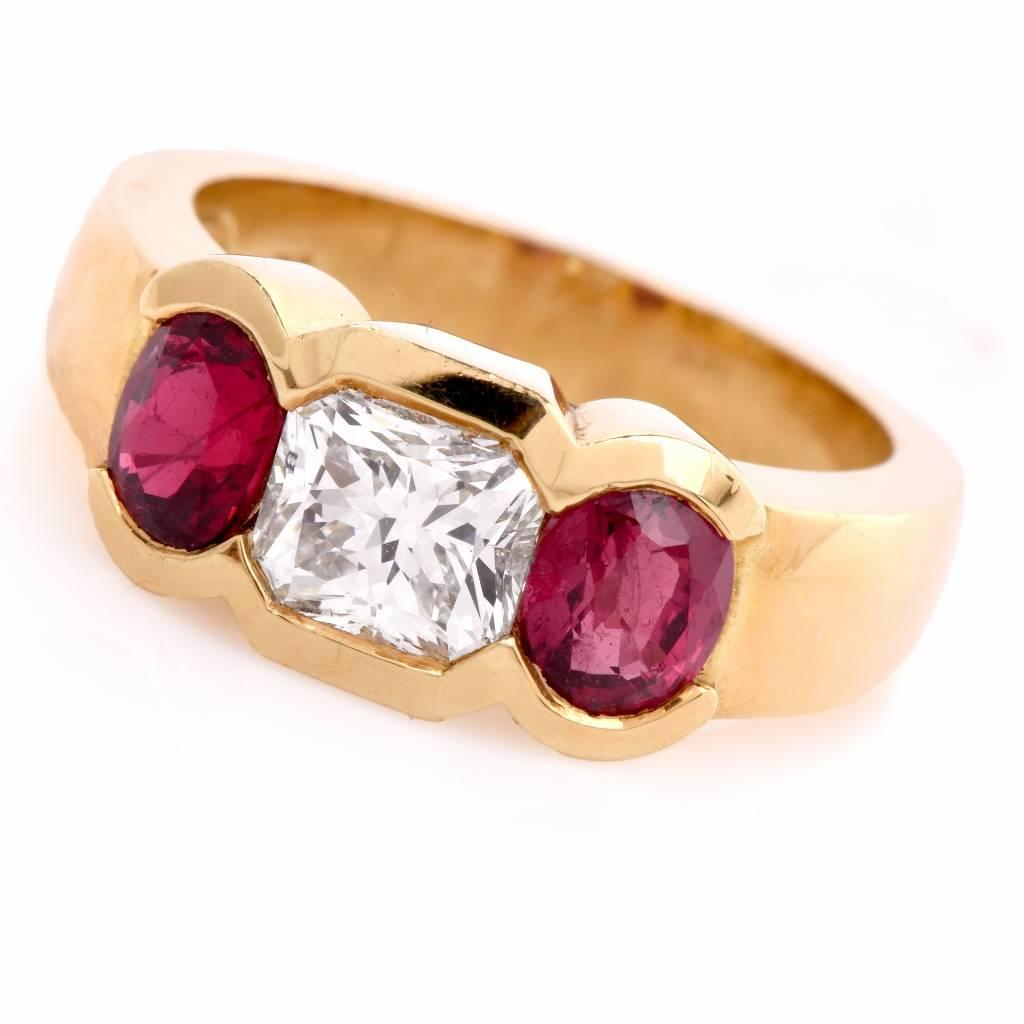 Women's 1980s Ruby Diamond Gold Three-Stone Ring