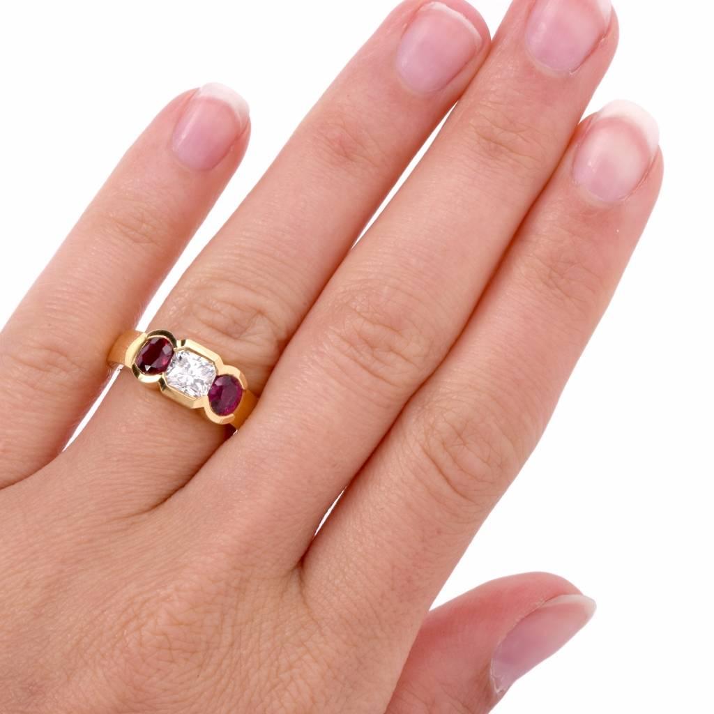 1980s Ruby Diamond Gold Three-Stone Ring 1